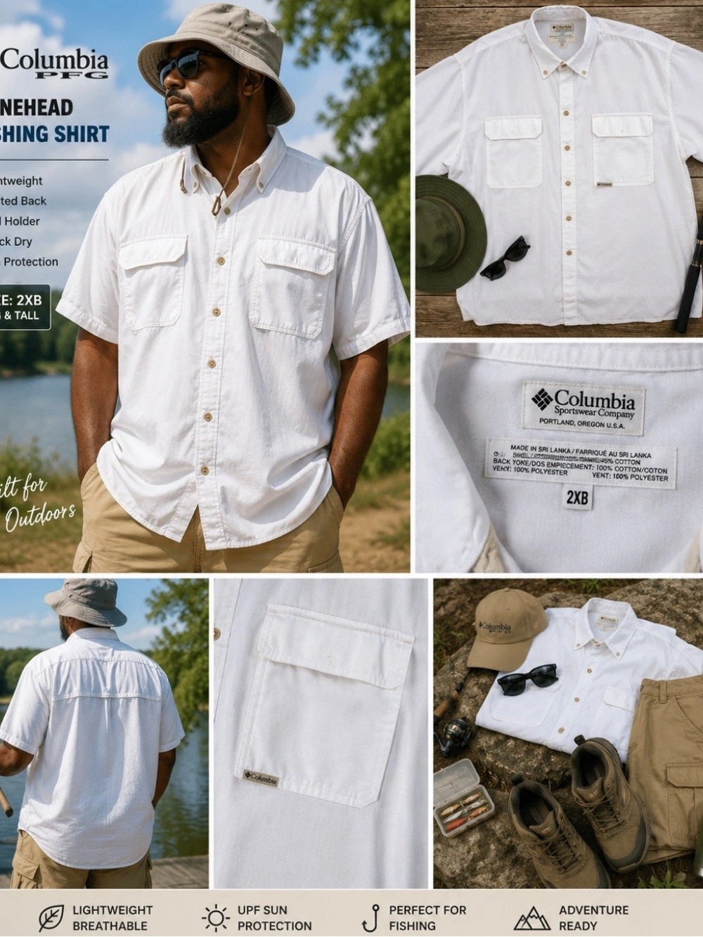 Columbia PFG Bonehead Fishing Shirt 2XB White Big Tall Outdoor Utility Cabincore